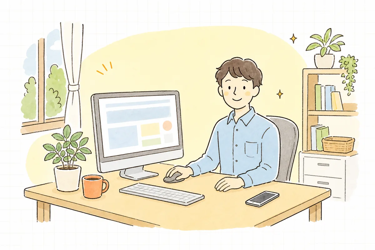 整えた画像をきれいに載せ終えて、軽く表示されるページを前に落ち着いた表情で前を向いている企業のWEB担当者