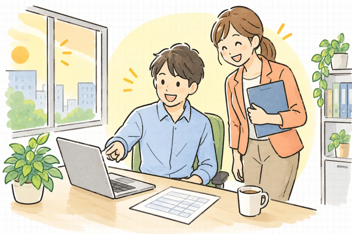 夕方のオフィスで、営業担当の同僚とWEB担当者が一緒にパソコンの画面を見ながら、うれしそうに笑い合っている様子
