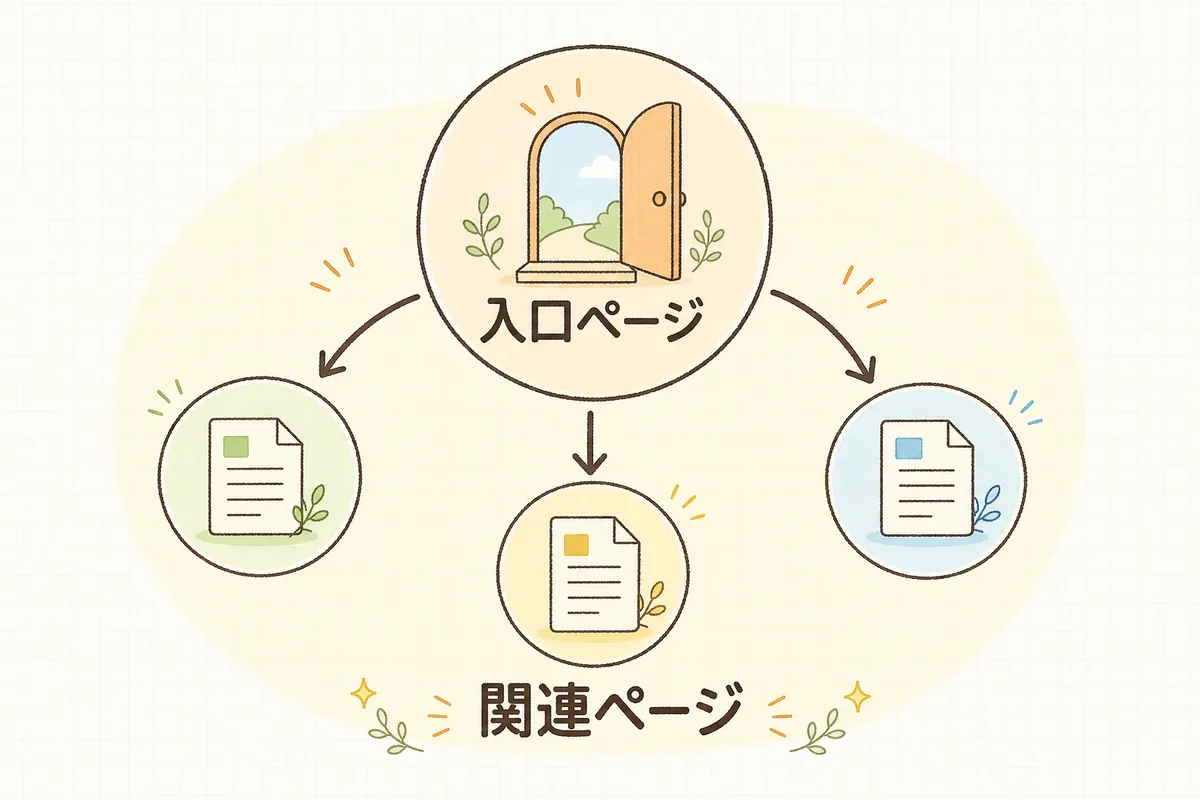 入口ページから関連ページへ内部リンクでつなぐ流れを示した概念図