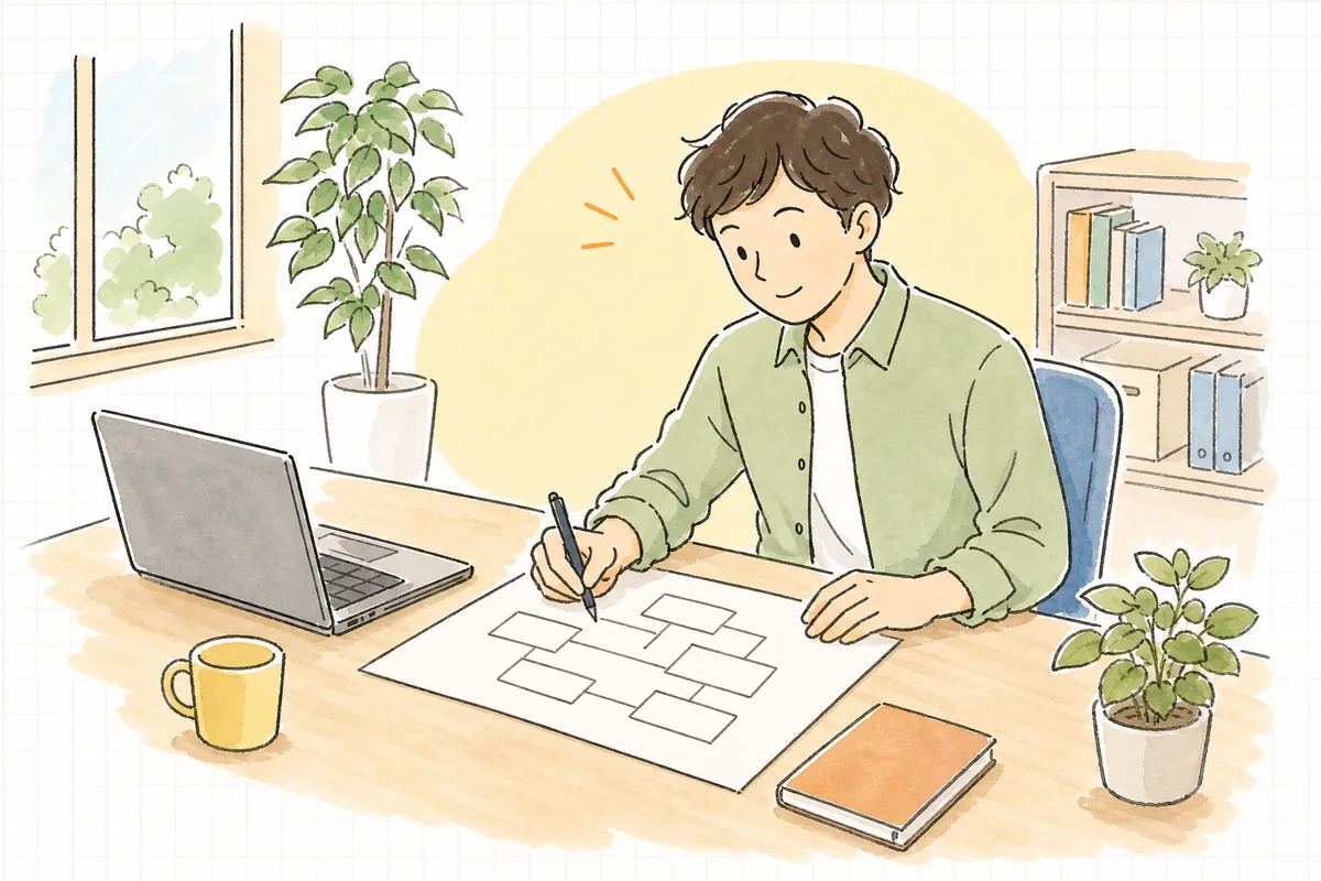 オフィスの机で、自社サイトのページ同士のつながりを手書きのメモで線でつなぎながら考えている一人の企業のWEB担当者
