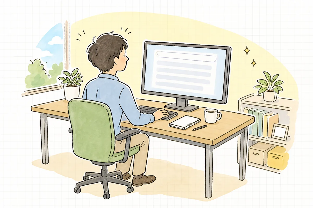 パソコンで検索窓に言葉を入れながら、どんなキーワードで書くか考えている企業のWEB担当者