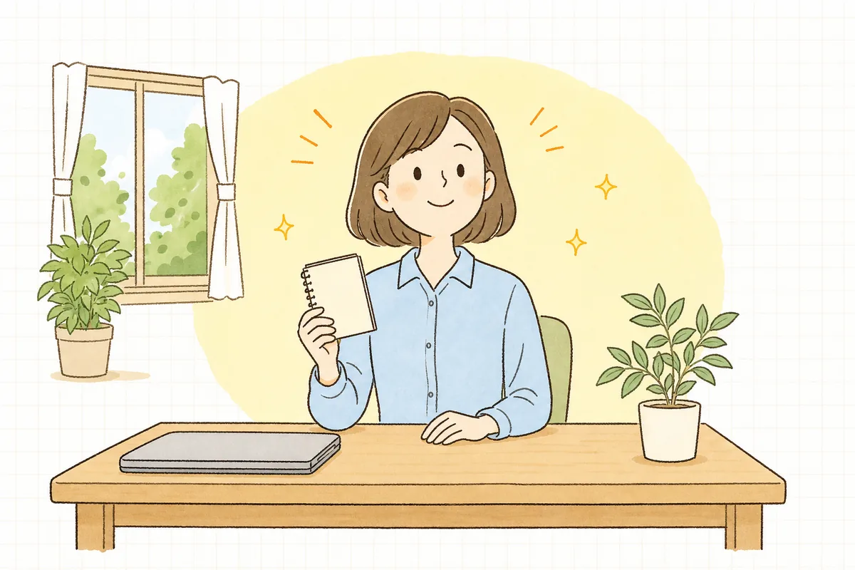 明るいオフィスでメモを片手に、書くテーマが決まってすっきり前を向く企業のWEB担当者