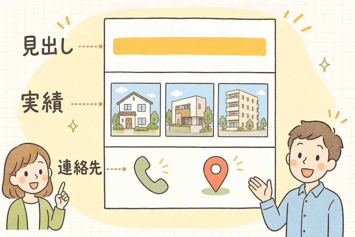 地域ページに載せる「見出し・実績・連絡先」の3つの中身を、縦に並んだページの模式図で示した概念図