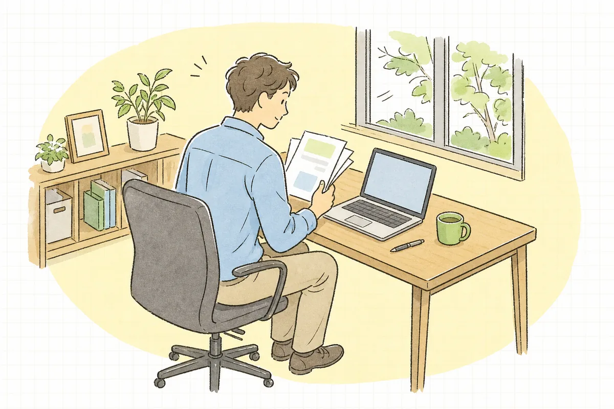 オフィスの机で保守契約書らしき書類を手に取り、内容を確かめようと少し考え込んでいる企業のWEB担当者