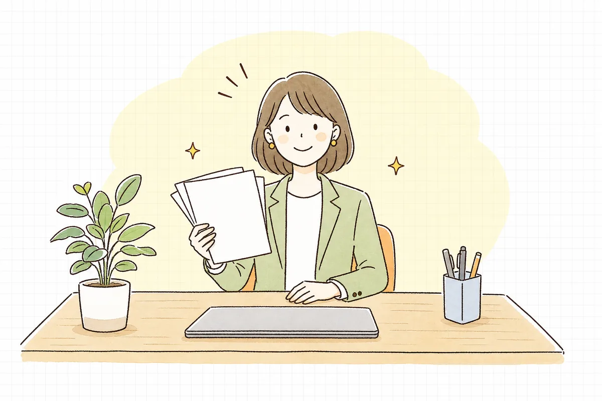 契約内容を整理し終えて、明るい表情で前を向いている企業のWEB担当者