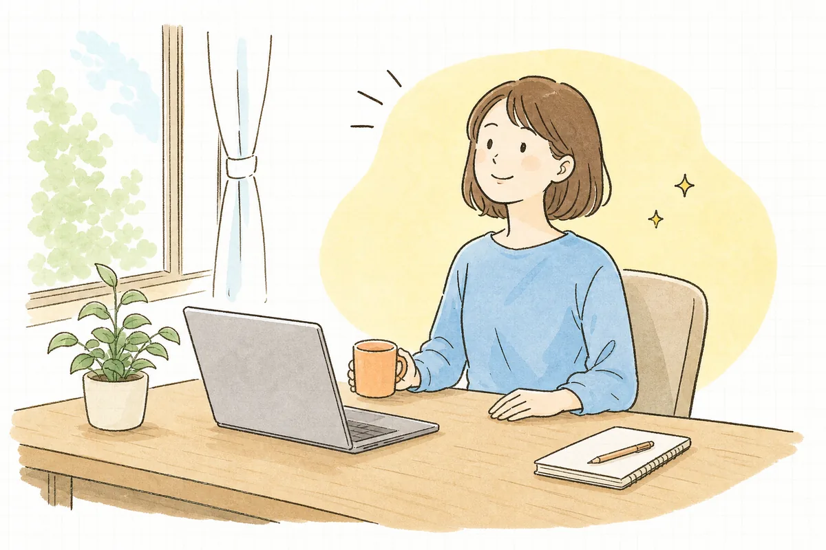 明るい窓辺の机で、ノートパソコンの画面を見て解決した表情でひと息ついている担当者