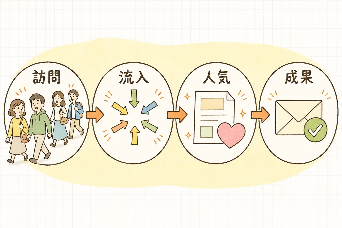 月次レポートに載せる4つの数字「訪問・流入元・人気ページ・成果」を順番に並べた概念図