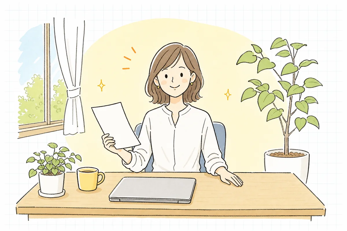明るいオフィスで、まとめ終えた1枚のレポートを手に、落ち着いた表情で前を向く企業のWEB担当者