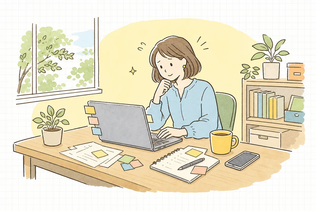オフィスの机で、付箋やメモが貼られたパソコン画面に向かい、少し困った表情で自社サイトのお知らせ欄を更新しようとしている一人のWEB担当者