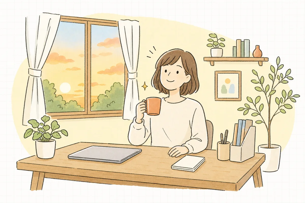 整理された明るい机で、更新を終えて少しほっとした表情でお茶を飲みながら前を向いている担当者