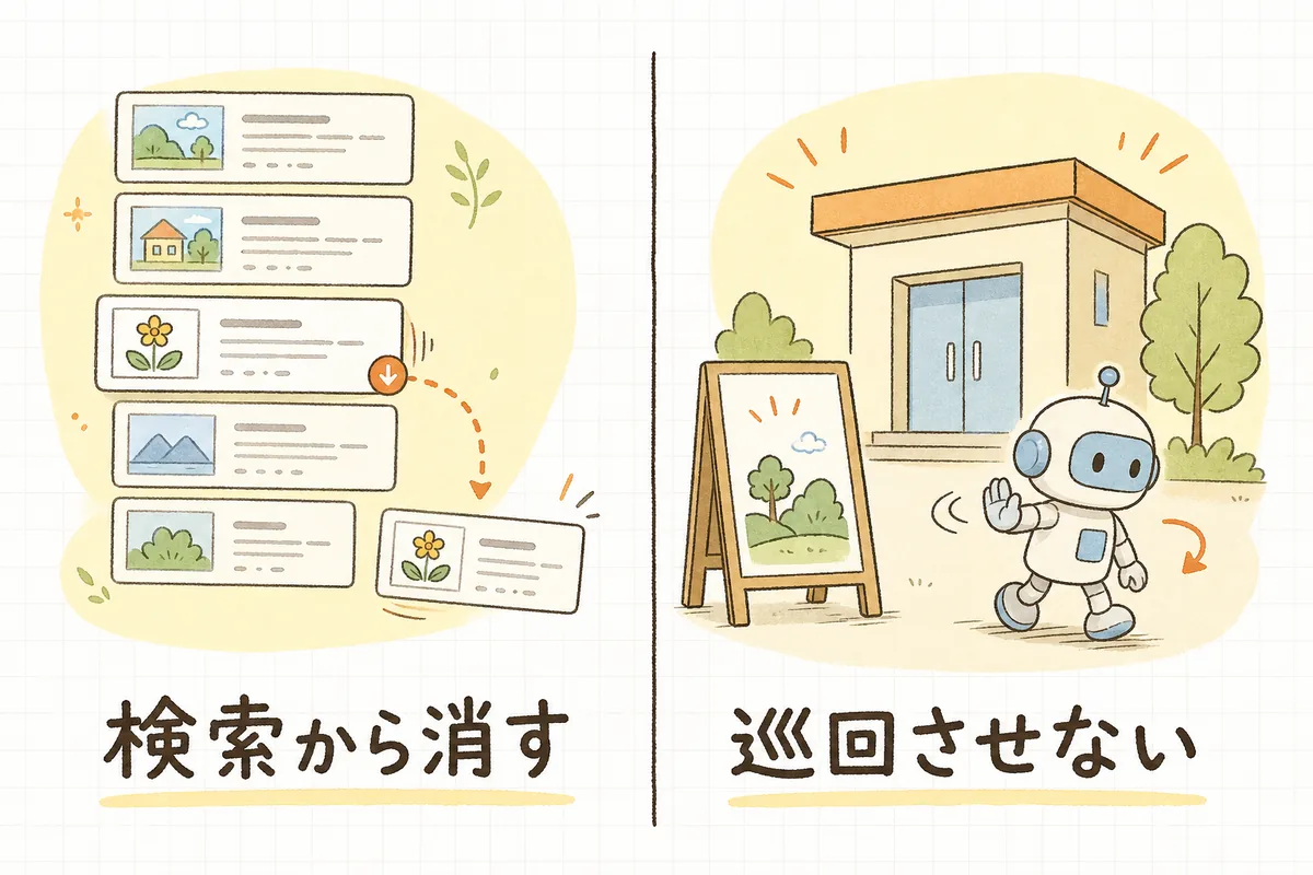 検索結果から消したいときはnoindex、巡回を止めたいときはrobots.txtと、目的で使い分けることを示した対比の概念図