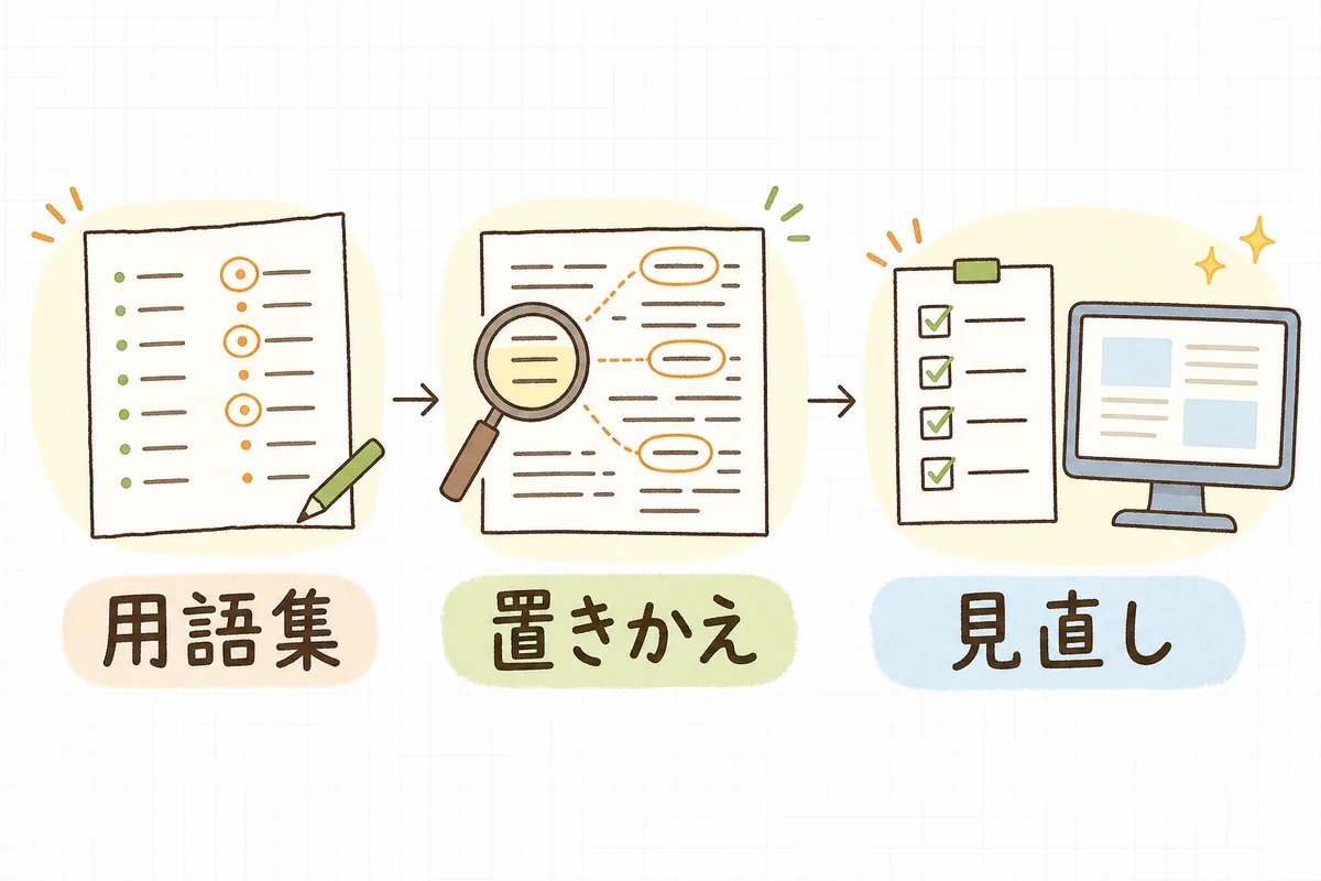 表記を整える流れ「用語集」「置きかえ」「見直し」を左から順に並べた図