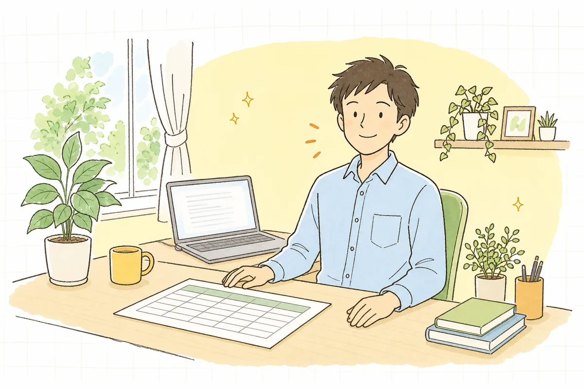 用語集を1枚作り終え、すっきりした表情で前を向いている企業のWEB担当者