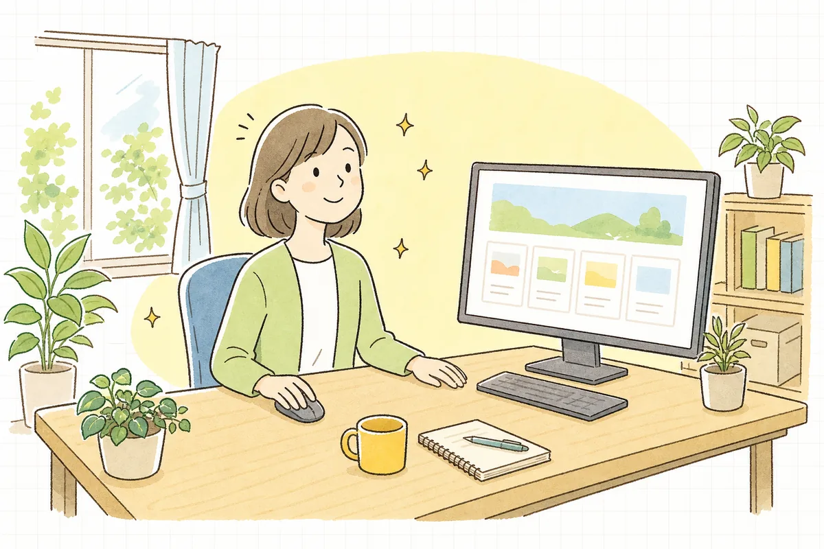 整えたシェアカードのプレビューを確認して、安心した穏やかな表情で前を向いている企業のWEB担当者