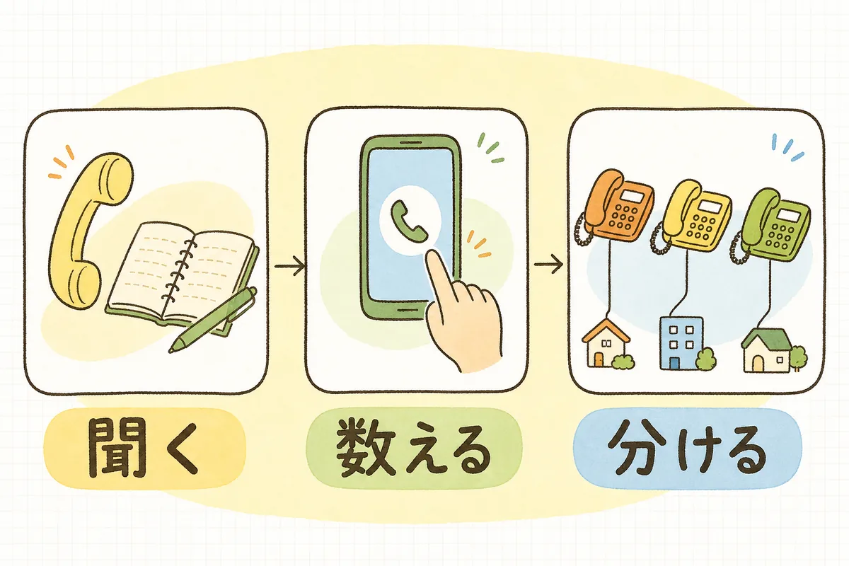 電話の問い合わせを数える3つの方法「聞く」「数える」「分ける」を、それぞれの絵と組み合わせて横に並べた概念図