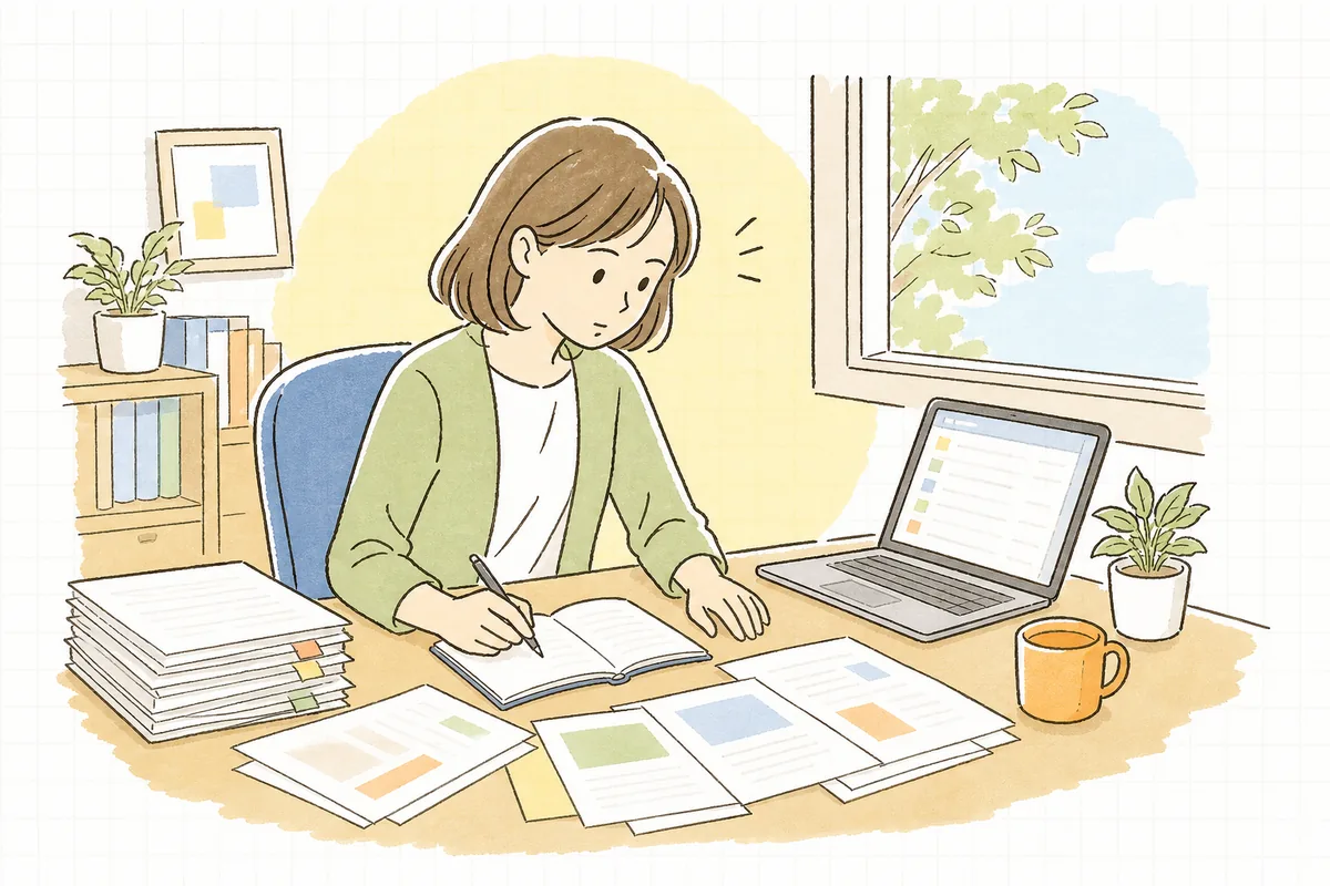 過去の見積書と問い合わせメールを見比べながら、自社サイトに載せる料金の目安を書き出している企業のWEB担当者