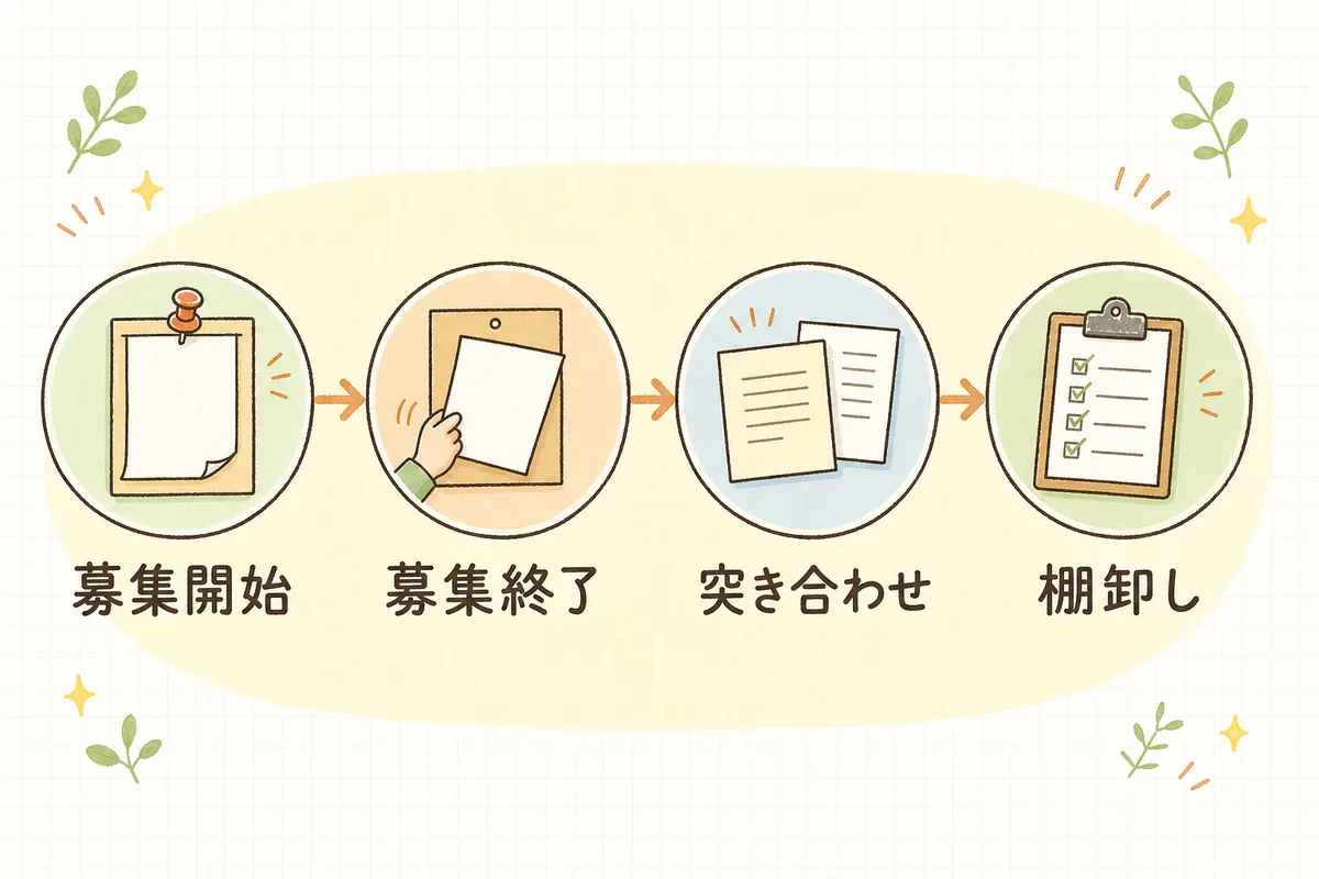 採用ページの更新を「募集開始」「募集終了」「媒体と突き合わせ」「年次棚卸し」の順で示した流れ図