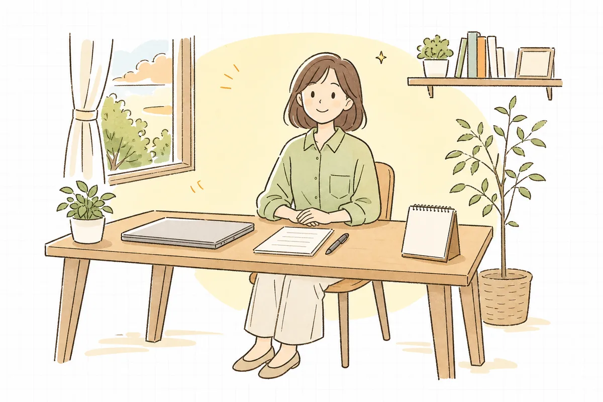 整理された明るい机で、確認を終えて少しほっとした表情で前を向いている担当者
