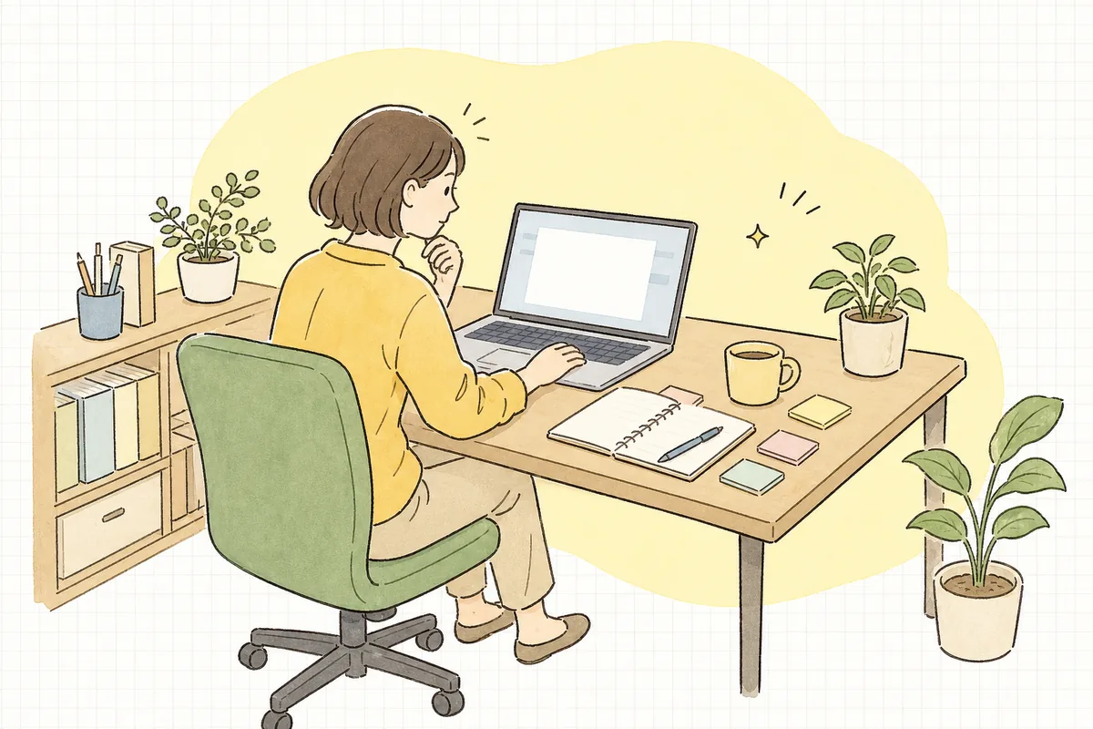 パソコンで制作会社に送る修正依頼の文面を考えながら、何度も往復したやりとりに少し疲れた様子で画面を見つめている一人の企業WEB担当者