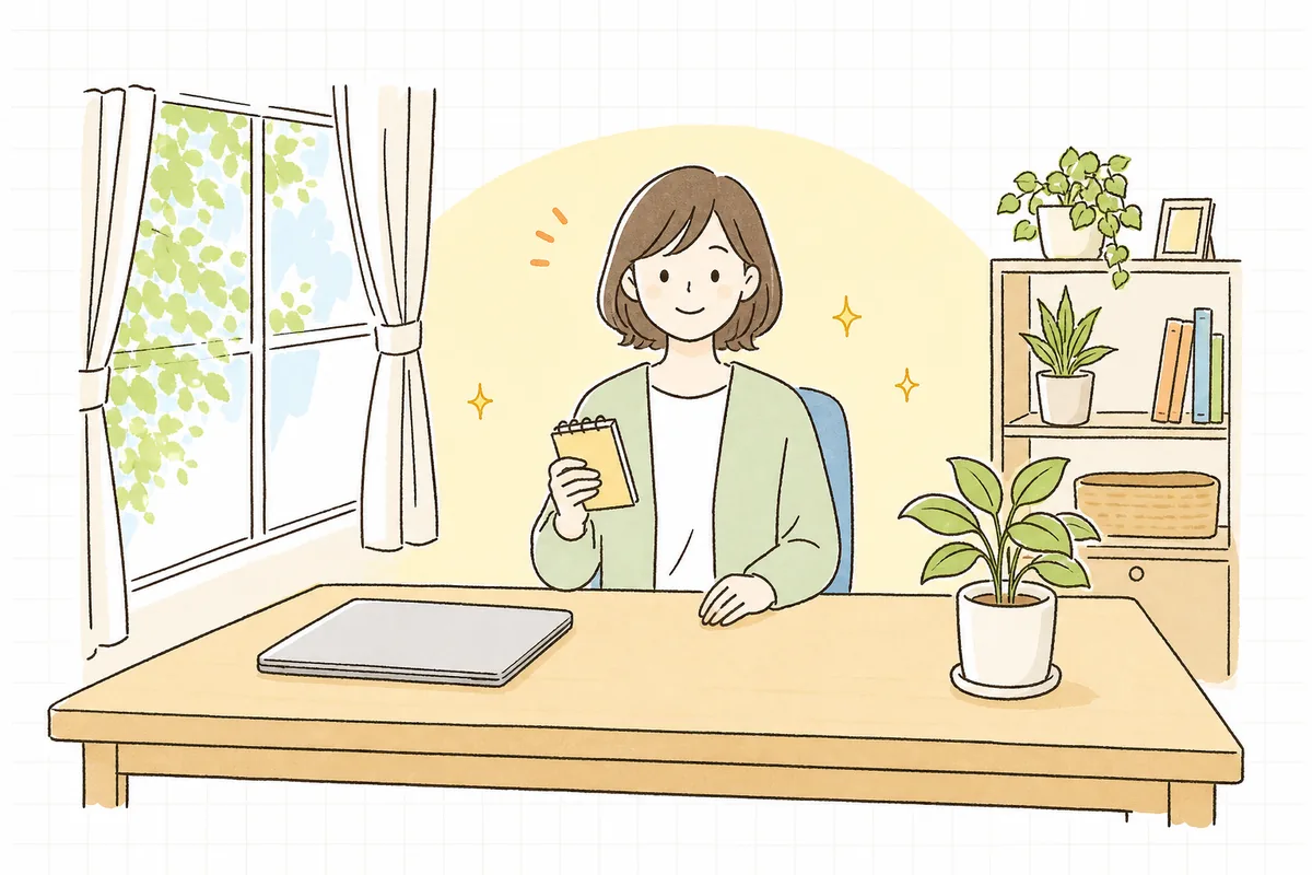 明るいオフィスで、確認を終えてメモを片手にすっきりと前を向いている企業のWEB担当者
