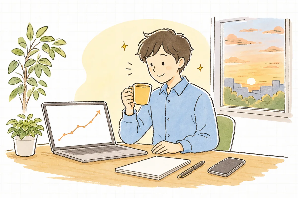 直したページのクリックが少し増えたことを確かめて、ノートパソコンの前で小さくうなずきながら穏やかにほほえんでいる企業のWEB担当者