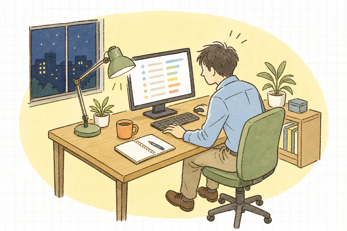 夜のオフィスでパソコンの検索データ画面を開き、どんな言葉で自社サイトが見つけられているのかを確かめようと画面を見つめている企業のWEB担当者