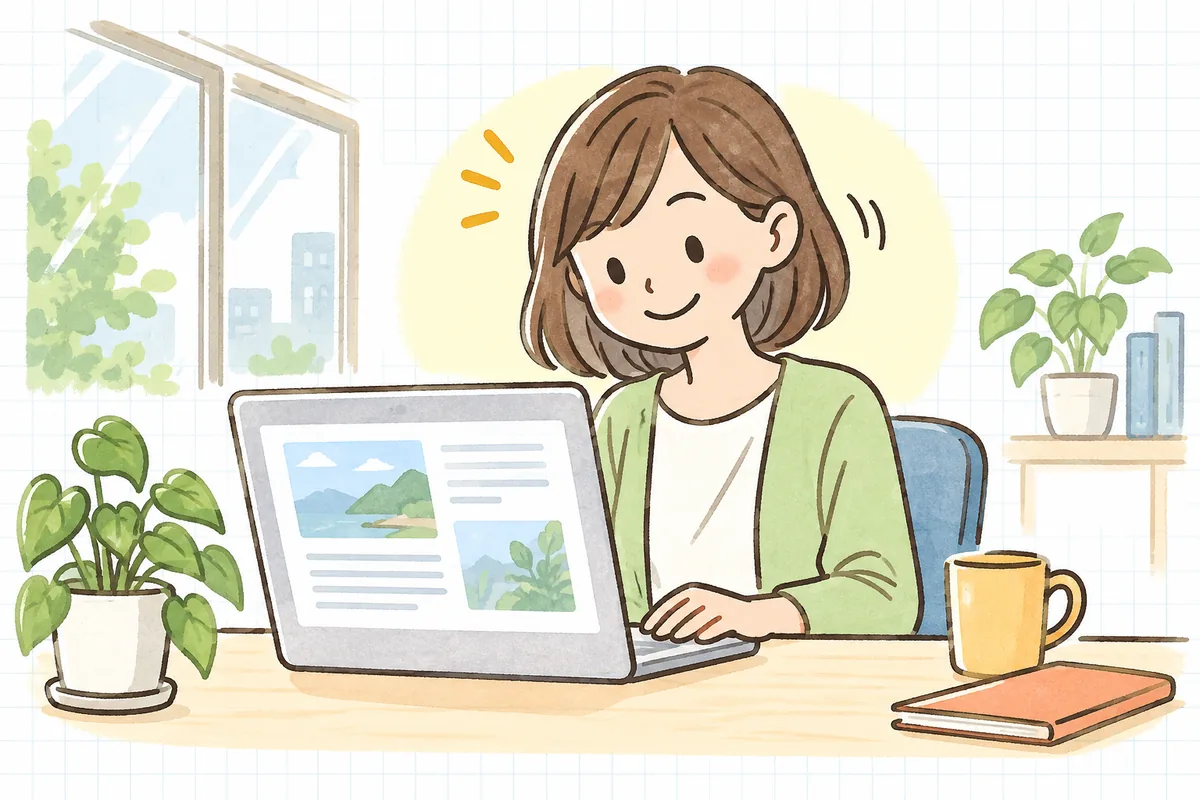 明るいオフィスで、直したページの画面を見ながら、すっきりした表情で小さくうなずいている企業のWEB担当者