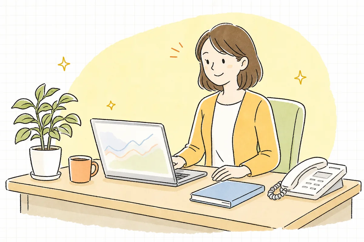 営業電話を落ち着いて終えたあと、自分のペースで自社サイトの数字を確認している企業のWEB担当者