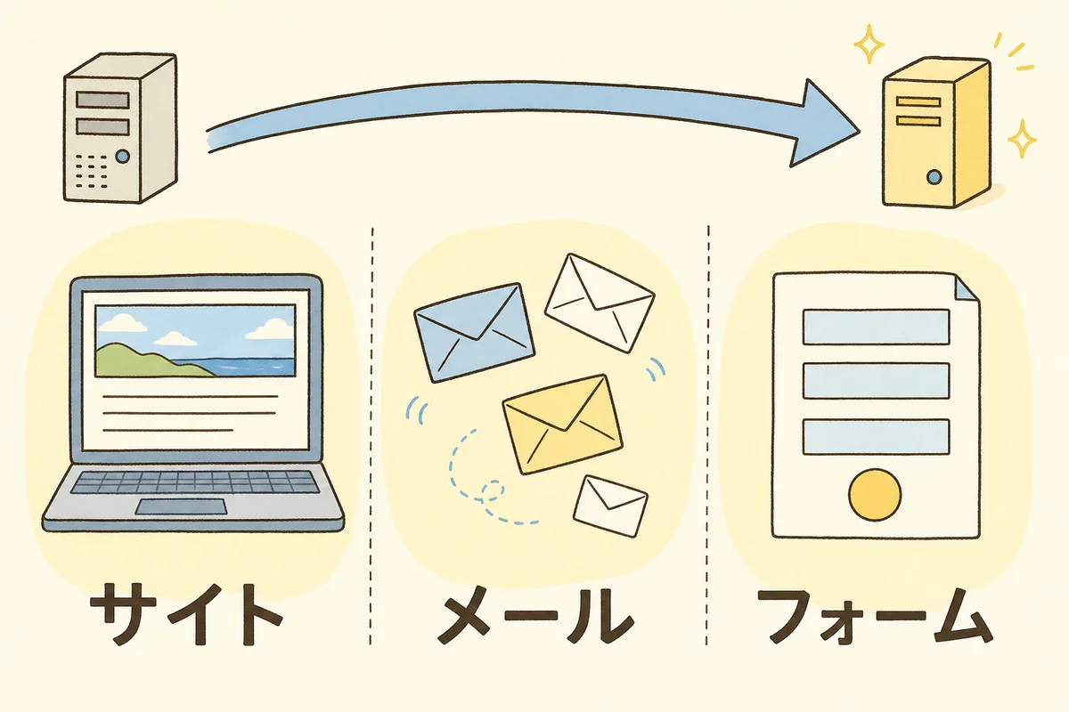サーバーを移すとサイトとメールとフォームの3つが一緒に動くことを示した図