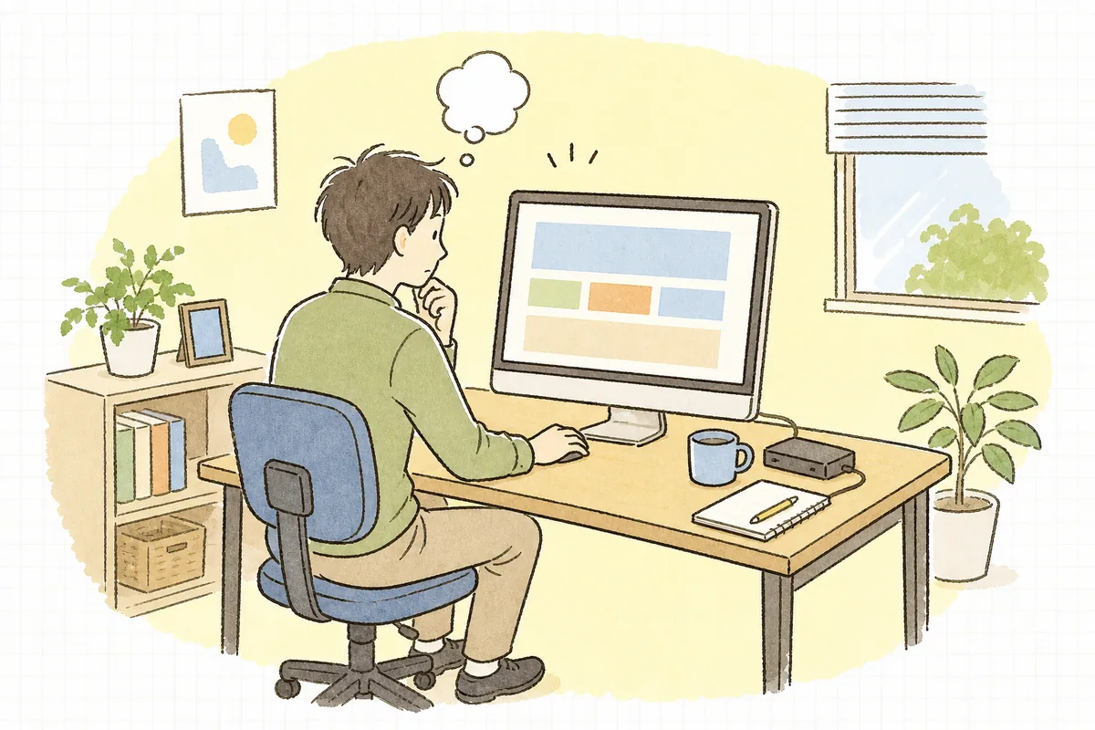 パソコンでサイトを開きながら、もしものときに戻せるか少し不安そうにバックアップのことを考えている企業のWEB担当者
