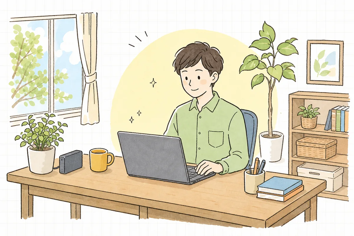 バックアップの備えを整えて、安心した表情で穏やかにサイトの作業に向かう企業のWEB担当者