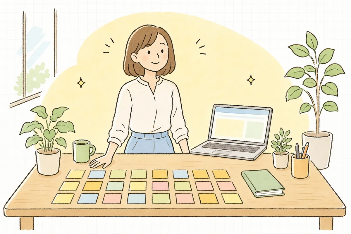 整理し終えたサイトの構成メモを前に、すっきりした表情で前を向いている企業のWEB担当者