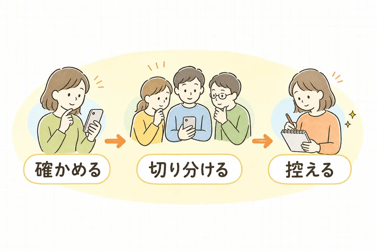 サイトが開かないときに、自分だけの問題か・全体の問題かを確かめ、エラー文言を控えてから相談するまでの切り分けの流れを示した概念図
