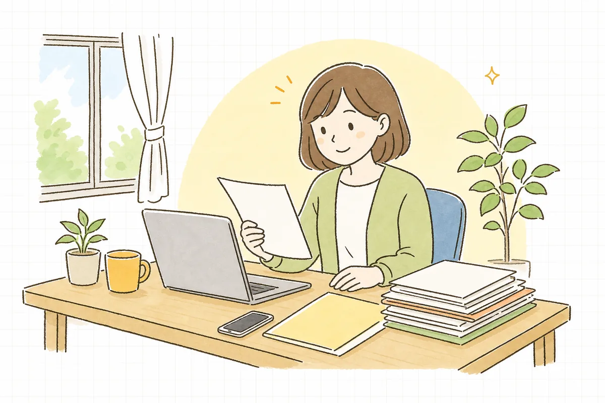 オフィスの机で、制作会社から届いた納品物のリストを片手に、自社サイトの管理画面を確認しようとしている一人のWEB担当者