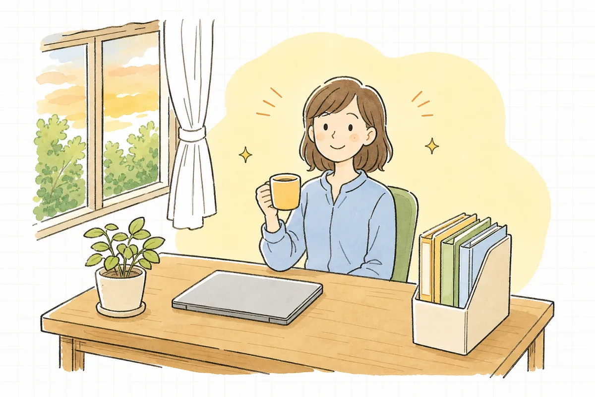 整理された明るい机で、必要なデータとアカウントがそろって安心した表情で前を向いている担当者