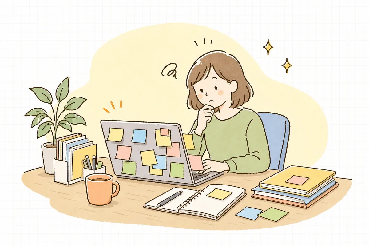 たくさんの付箋が貼られたモニターの前で、どこから手をつけるか考えている一人のWEB担当者