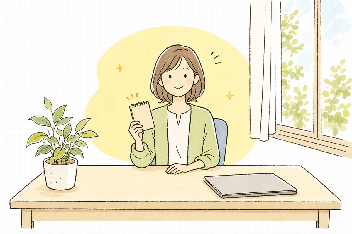明るいオフィスで、検索の確認を終えてメモを片手にすっきりと前を向いている企業のWEB担当者