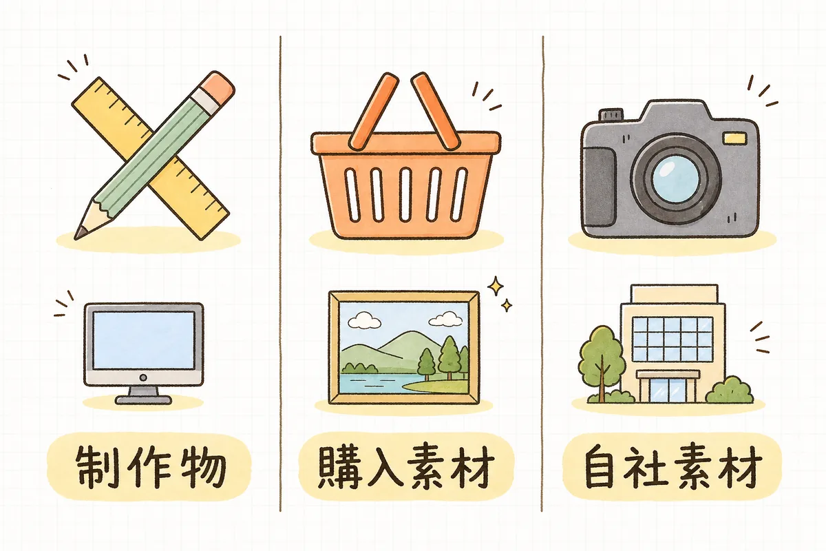サイトに使われている素材を「制作物」「購入素材」「自社素材」の3つの列に分けて並べた概念図