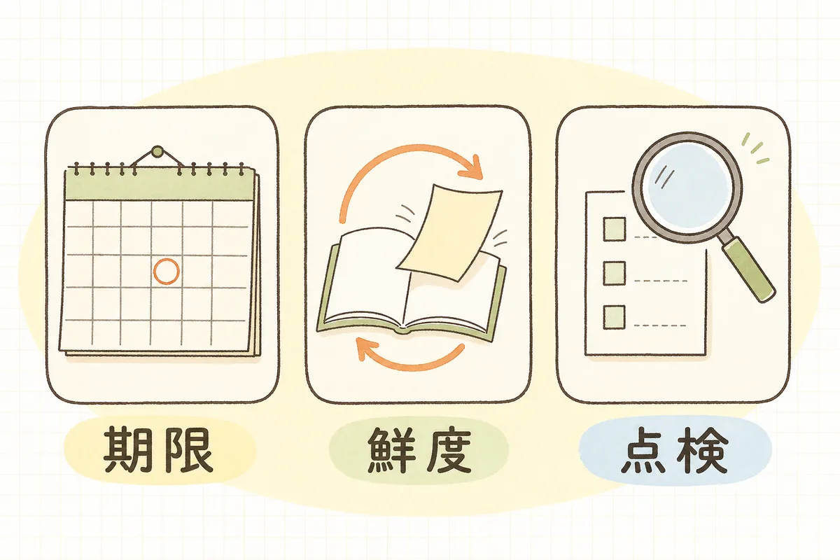 年間スケジュールに載せる項目が「期限があるもの」「鮮度を保つもの」「定期点検するもの」の3種類に分けられることを示した概念図