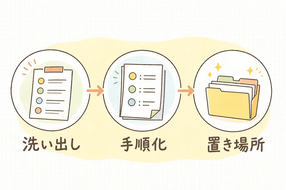 サイト運用マニュアルを「作業を書き出す」「1つを手順にする」「置き場所を決める」の順番で示した流れ図