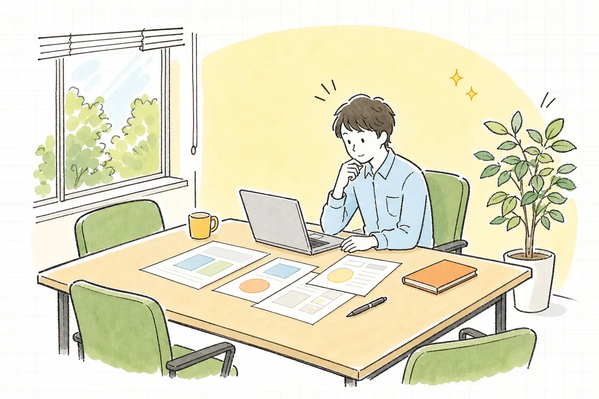 会議室の机で予算の資料を前に、どう説明すればいいか少し考え込んでいる企業のWEB担当者