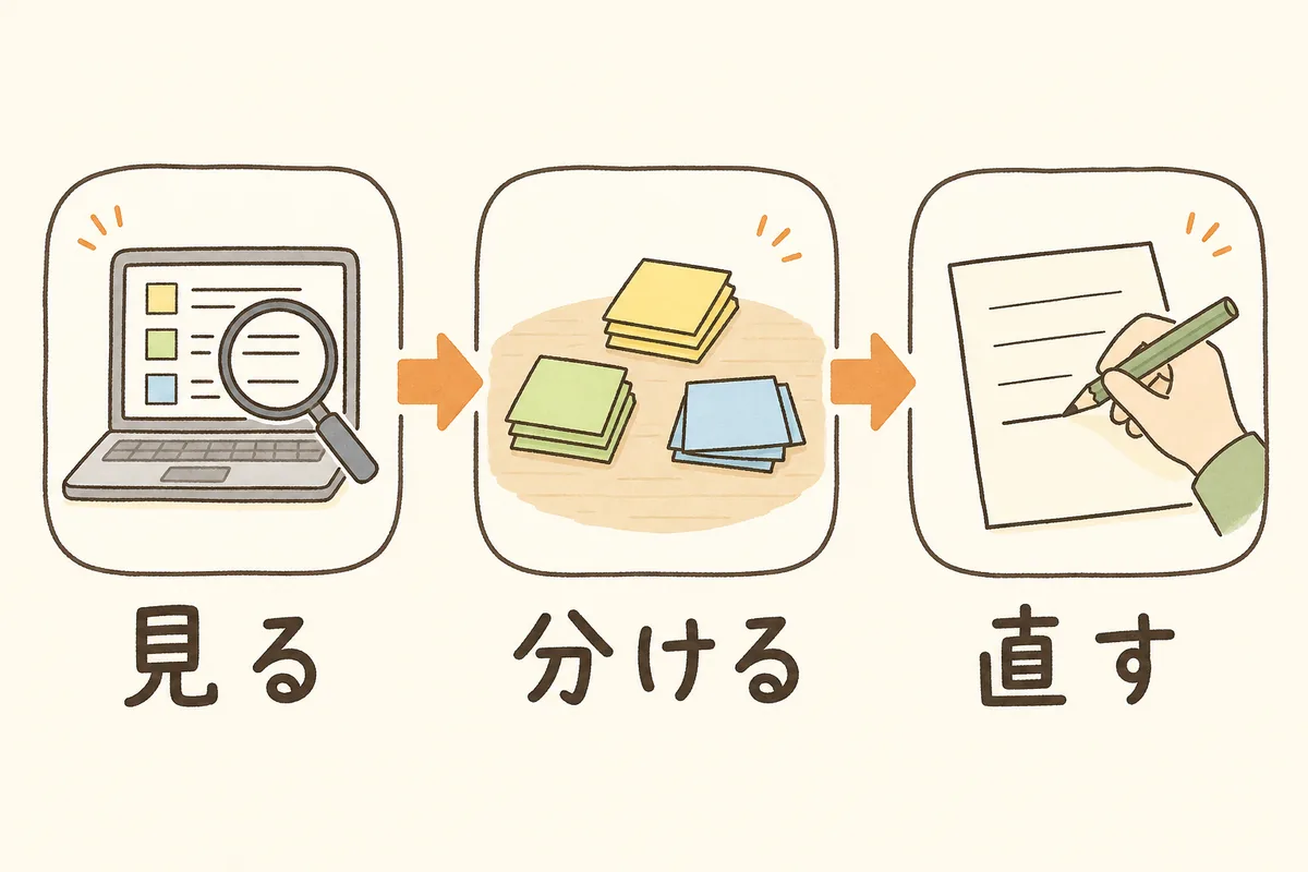 サイト内検索のキーワードを「見る」「分ける」「直す」の3段階で扱う流れを示した図