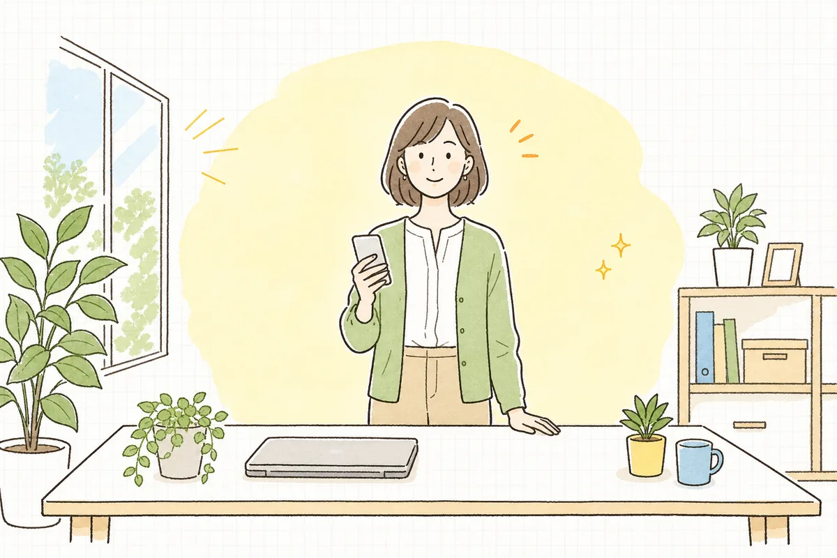 表示速度の確認と画像の差し替えを終えて、軽くなったサイトをスマートフォンで見ながらすっきりと前を向いている企業のWEB担当者
