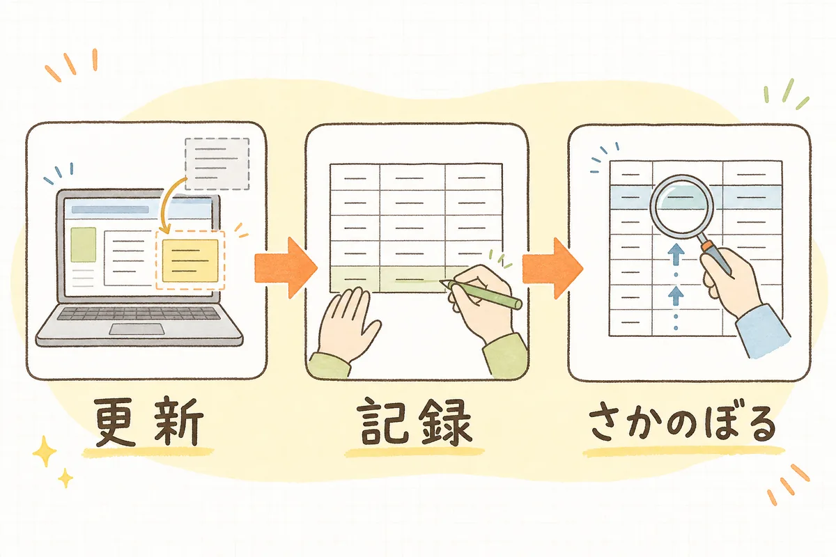 サイトを更新し、表に1行記録し、トラブルのときにその記録をさかのぼる、という3つの流れを示した図
