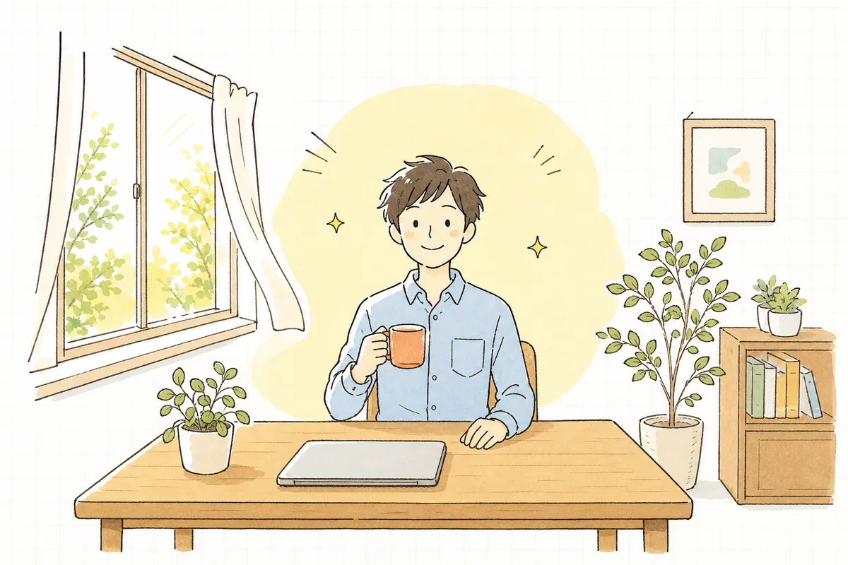 翌朝の明るい窓辺の机で、コーヒーを片手に落ち着いた表情で前を向いている担当者