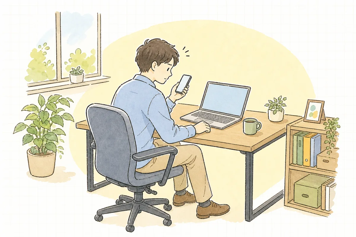 自社サイトをスマートフォンで開いて、レイアウトが少し崩れて見える画面を確かめようと眉を寄せて見ている企業のWEB担当者
