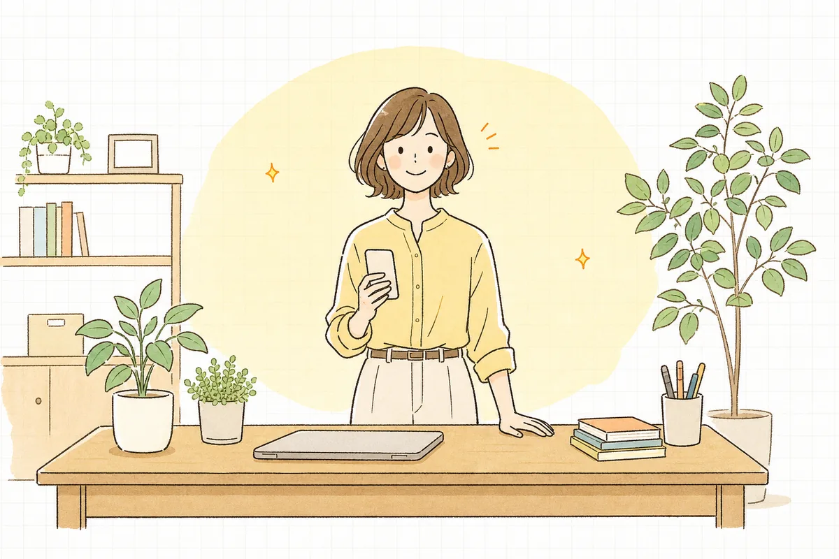 スマホ表示の崩れを直し終えて、きれいに収まったサイトをスマートフォンで見ながらすっきりと前を向いている企業のWEB担当者