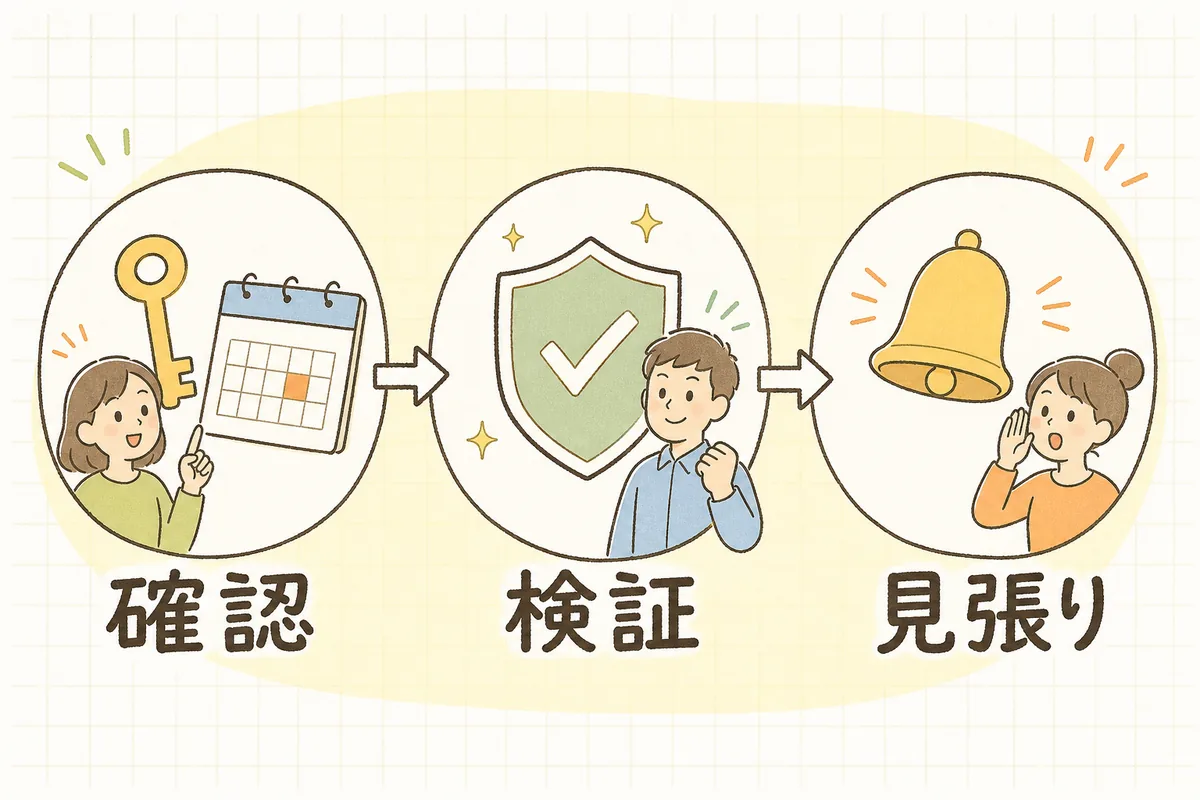 SSL証明書の対応を「期限と方式を確認」「更新できるか確かめる」「期限前に気づく仕組み」の3ステップで示した流れ図