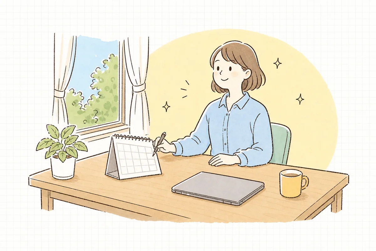 明るい窓辺の机で、落ち着いた表情でカレンダーにリマインドを書き込み、前を向いている担当者