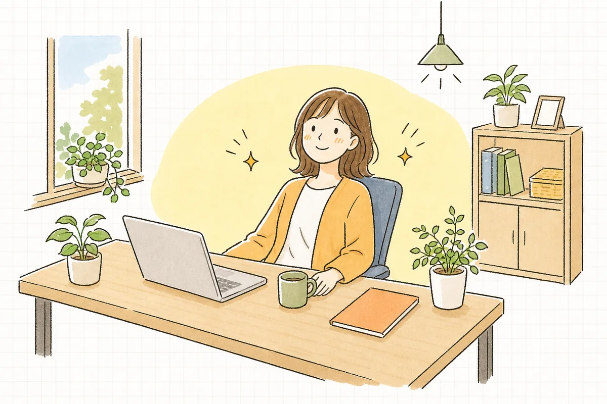 明るいオフィスで肩の力を抜き、すっきりと前を向いて穏やかにほほえんでいる企業のWEB担当者